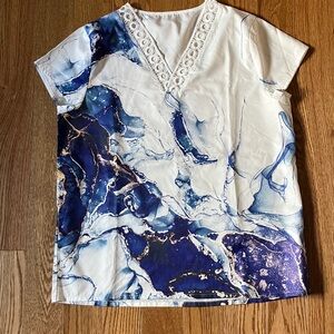 Blue and White Marble Print Top